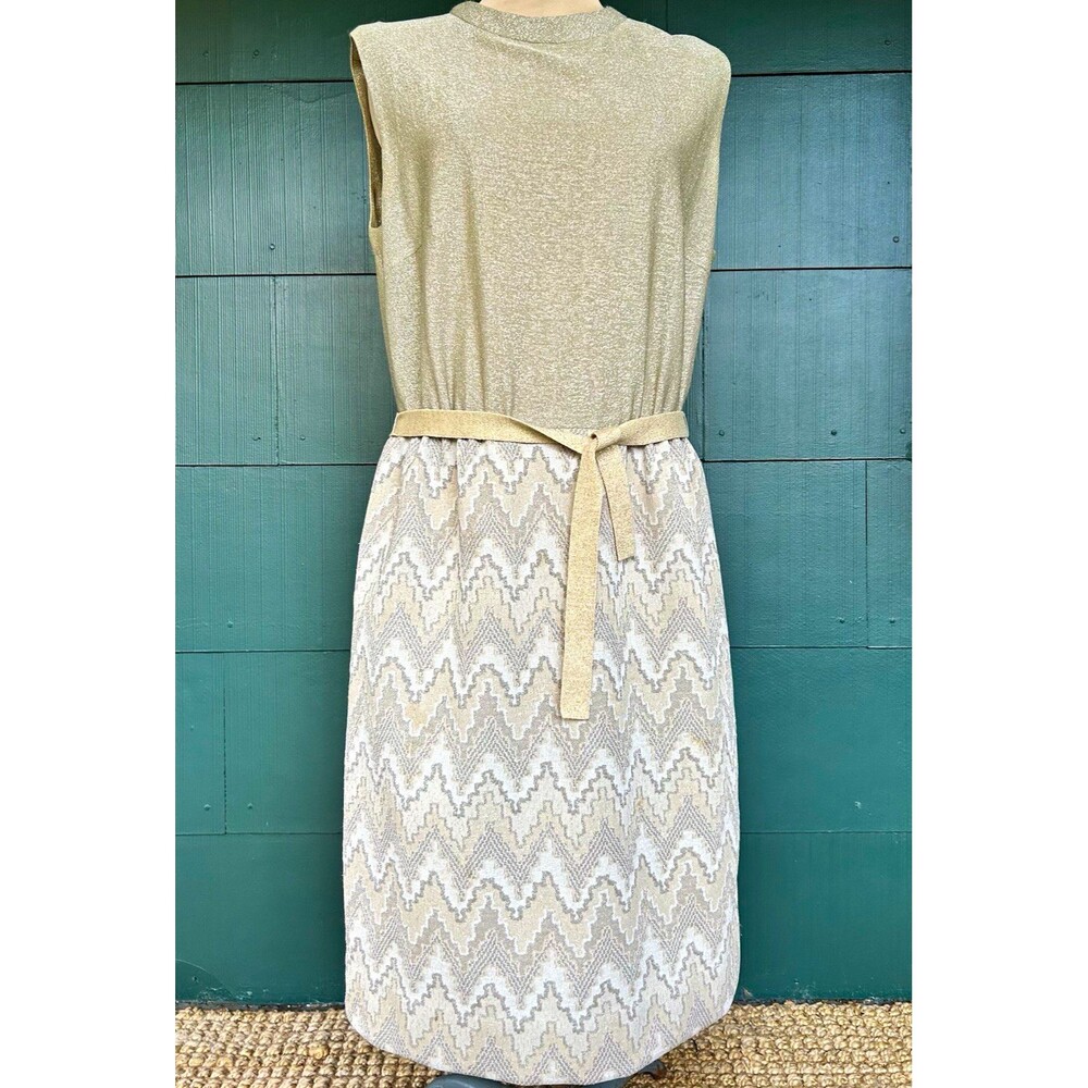 Vintage 60s 70s Gold Metallic Lurex Knit Chevron Sheath Dress Belted Medium Mod